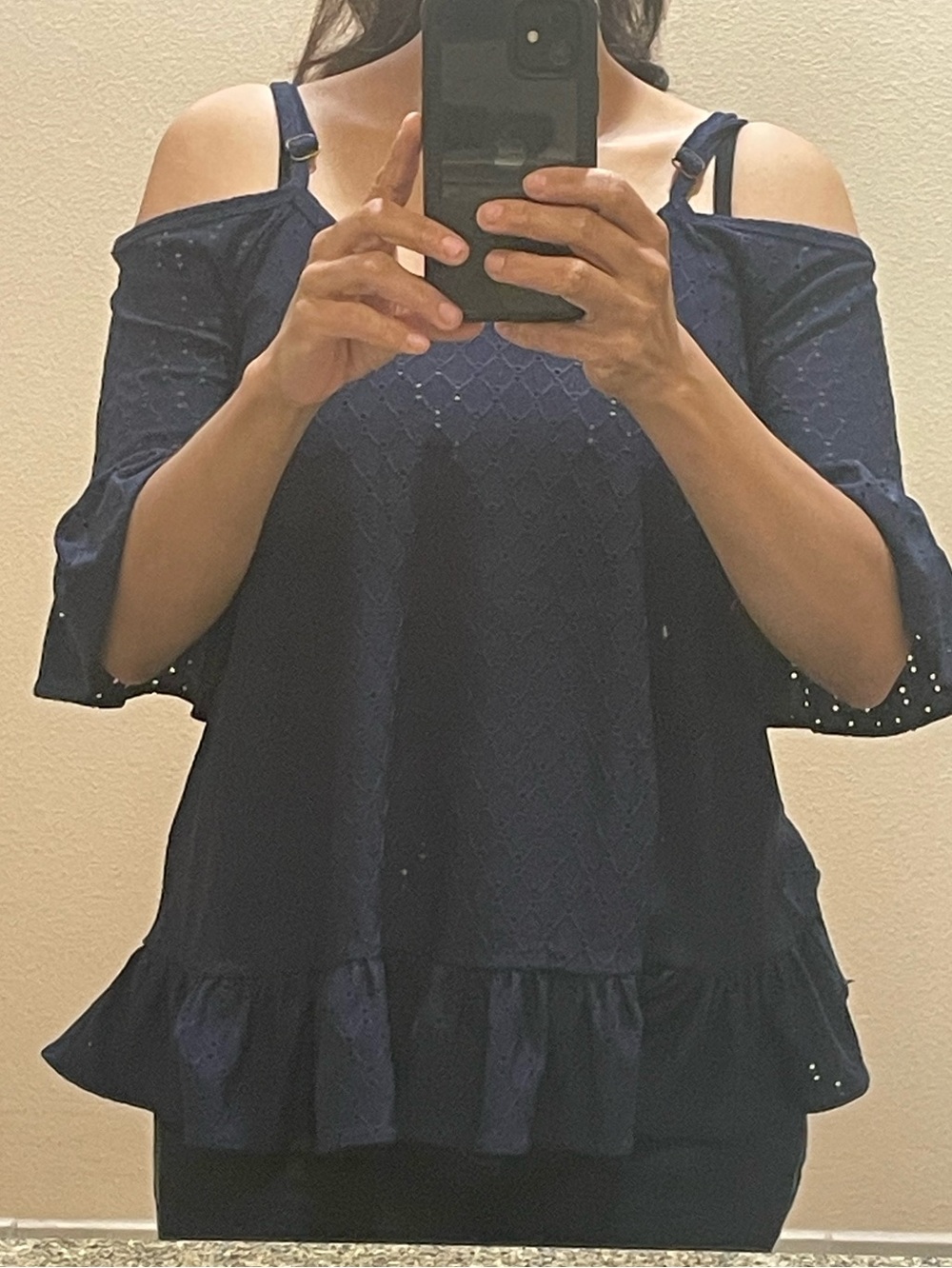 Michael Kors Navy Cold-Shoulder Eyelet Ruffle Top small gold logo